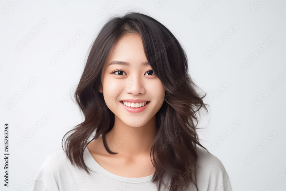 curly hair and an infectious smile, an Asian teenage girl showcases a positive vibe against a white backdrop. generative ai. curly hair and an infectious smile, an Asian teenage girl showcases a positive vibe against a white backdrop. generative ai.