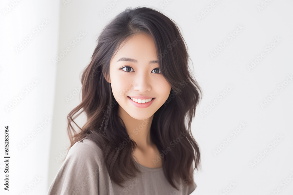 curly hair and an infectious smile, an Asian teenage girl showcases a positive vibe against a white backdrop. generative ai. curly hair and an infectious smile, an Asian teenage girl showcases a positive vibe against a white backdrop. generative ai.