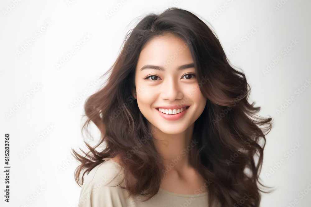 curly hair and an infectious smile, an Asian teenage girl showcases a positive vibe against a white backdrop. generative ai. curly hair and an infectious smile, an Asian teenage girl showcases a positive vibe against a white backdrop. generative ai.
