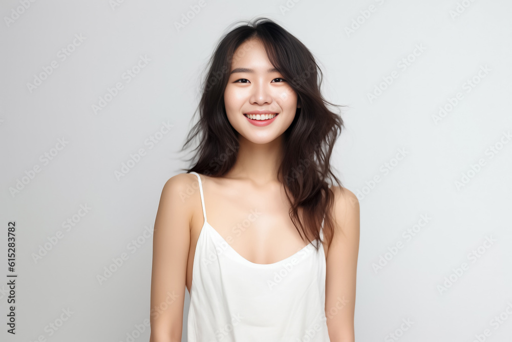 curly hair and an infectious smile, an Asian teenage girl showcases a positive vibe against a white backdrop. generative ai. curly hair and an infectious smile, an Asian teenage girl showcases a positive vibe against a white backdrop. generative ai.