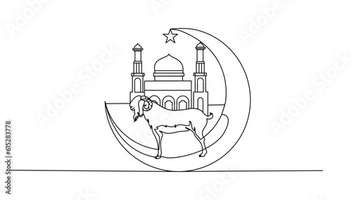 Continuous line art or One Line drawing of a Goat  mosque and moon for vector illustratio  muslim holiday Eid Al-Adha