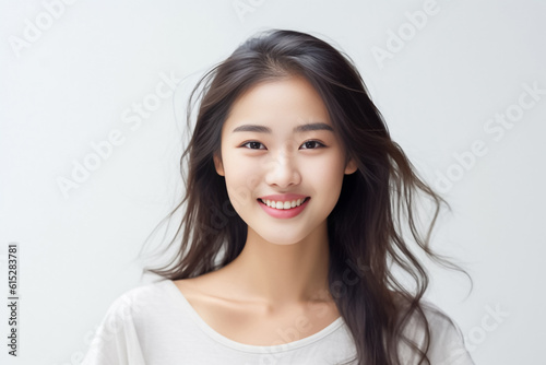 curly hair and an infectious smile  an Asian teenage girl showcases a positive vibe against a white backdrop. generative ai.