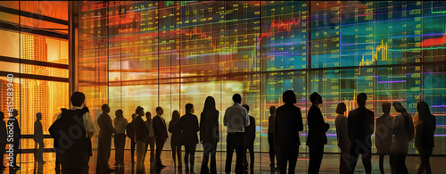 Generative AI illustration featuring a silhouette of a crowd, standing together, scrutinizing a large digital wall display showing a falling stock market index