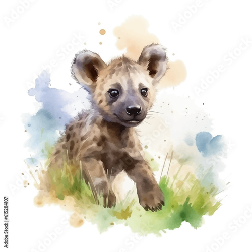Cute little hyena cartoon in watercolor painting style © Fauziah