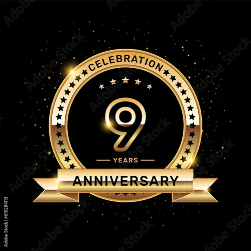 9 year anniversary logo with a number and golden ribbon, vector template