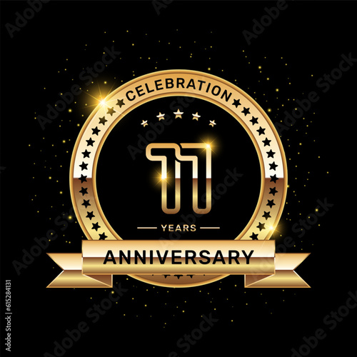 11 year anniversary logo with a number and golden ribbon, vector template