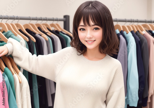 A beautiful young woman in a sweater near the rack with hangers in the wardrobe. Generative AI.