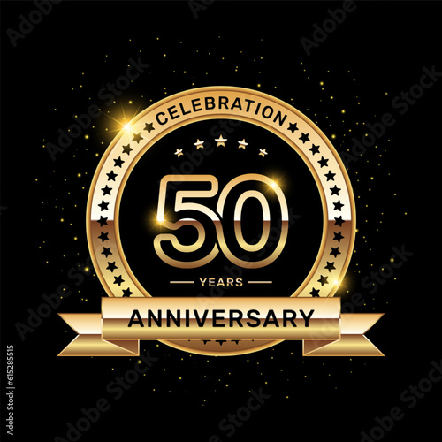50 year anniversary logo with a number and golden ribbon, vector template