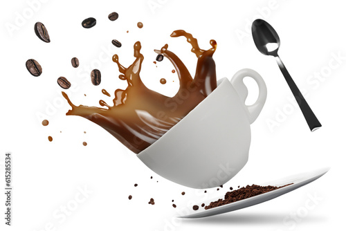 A simple cup of Coffee Spilling and Splashing in the air along with spoon, dish and coffee grounds Generative AI