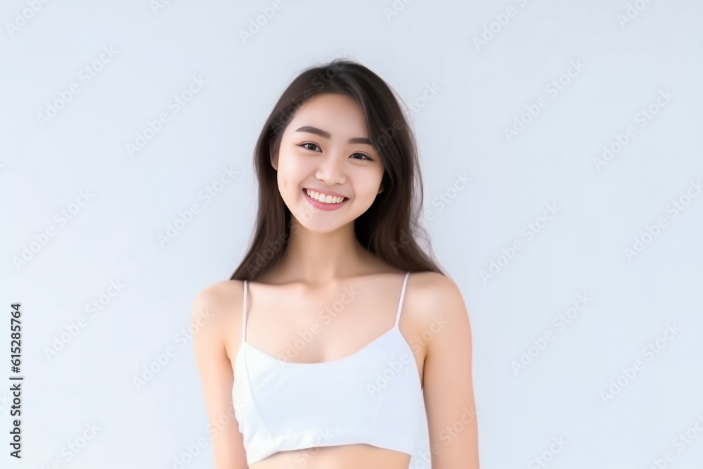 Portrait of Beautiful Asian Woman with her Smooth skin look at camera on White background in Studio light. generative AI. Portrait of Beautiful Asian Woman with her Smooth skin look at camera on White background in Studio light. generative AI.