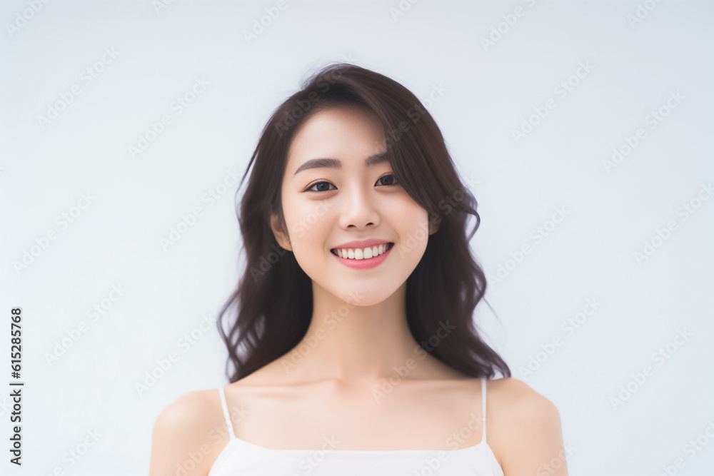 Portrait of Beautiful Asian Woman with her Smooth skin look at camera on White background in Studio light. generative AI. Portrait of Beautiful Asian Woman with her Smooth skin look at camera on White background in Studio light. generative AI.