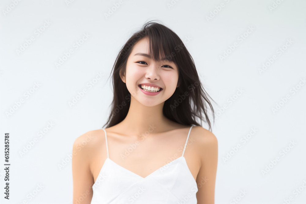 Portrait of Beautiful Asian Woman with her Smooth skin look at camera on White background in Studio light. generative AI. Portrait of Beautiful Asian Woman with her Smooth skin look at camera on White background in Studio light. generative AI.