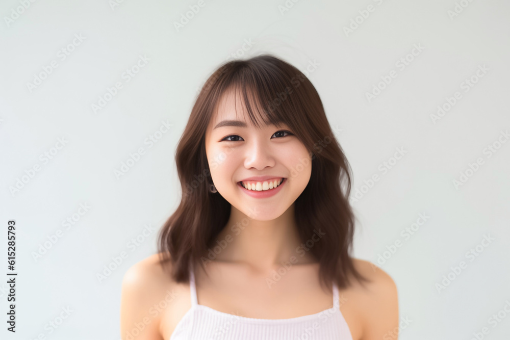 Portrait of Beautiful Asian Woman with her Smooth skin look at camera on White background in Studio light. generative AI. Portrait of Beautiful Asian Woman with her Smooth skin look at camera on White background in Studio light. generative AI.