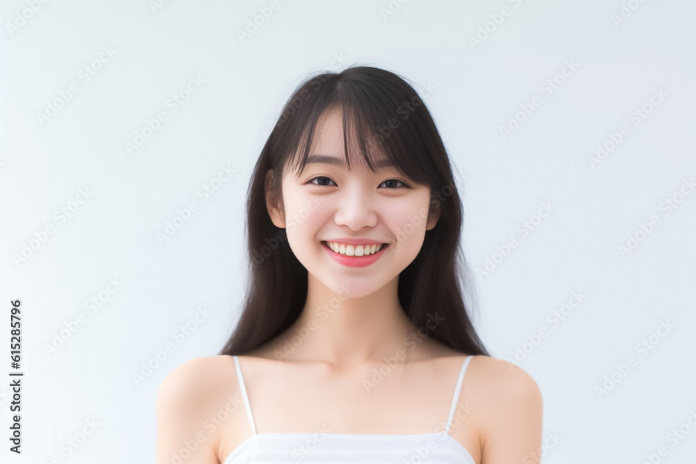 Portrait of Beautiful Asian Woman with her Smooth skin look at camera on White background in Studio light. generative AI. Portrait of Beautiful Asian Woman with her Smooth skin look at camera on White background in Studio light. generative AI.