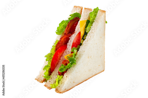 bacon sandwich with salad on white background.