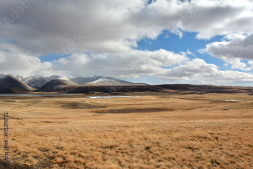 A huge flat steppe with yellowed dry grass lies at the foot of the snow-capped mountains on a cloudy autumn day.