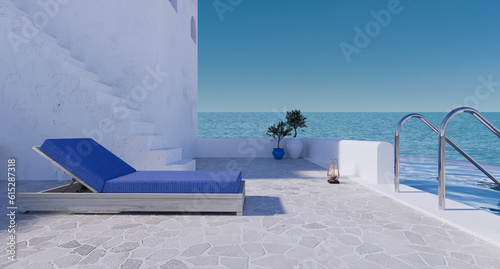 Beach house Hotel Resort poolside and chairs looking out, swimming pool close to the sea and sky perfect for relaxing. luxury 3d rendering with sea view santorini island style. © Thossaphon