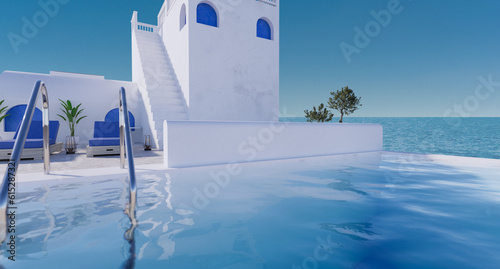 Beach house Hotel Resort poolside and chairs looking out, swimming pool close to the sea and sky perfect for relaxing. luxury 3d rendering with sea view santorini island style. photo