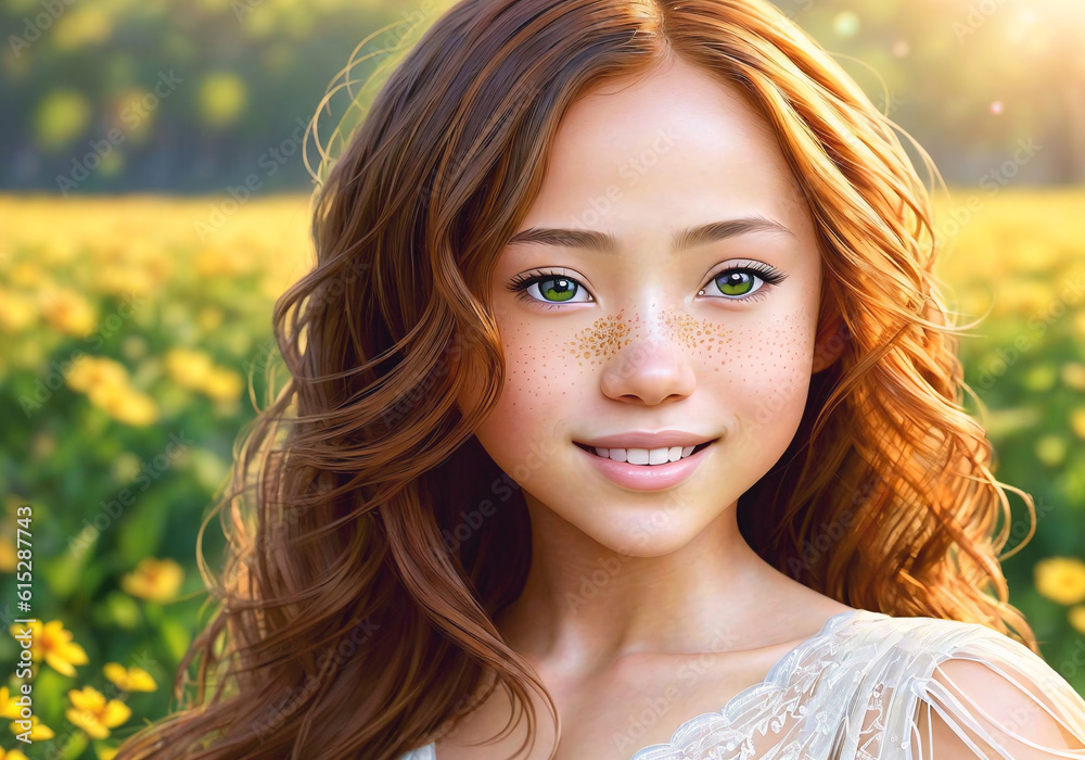 A beautiful girl with long hair poses against the background of a forest on a summer day. Generative AI. A beautiful girl with long hair poses against the background of a forest on a summer day. Generative AI.