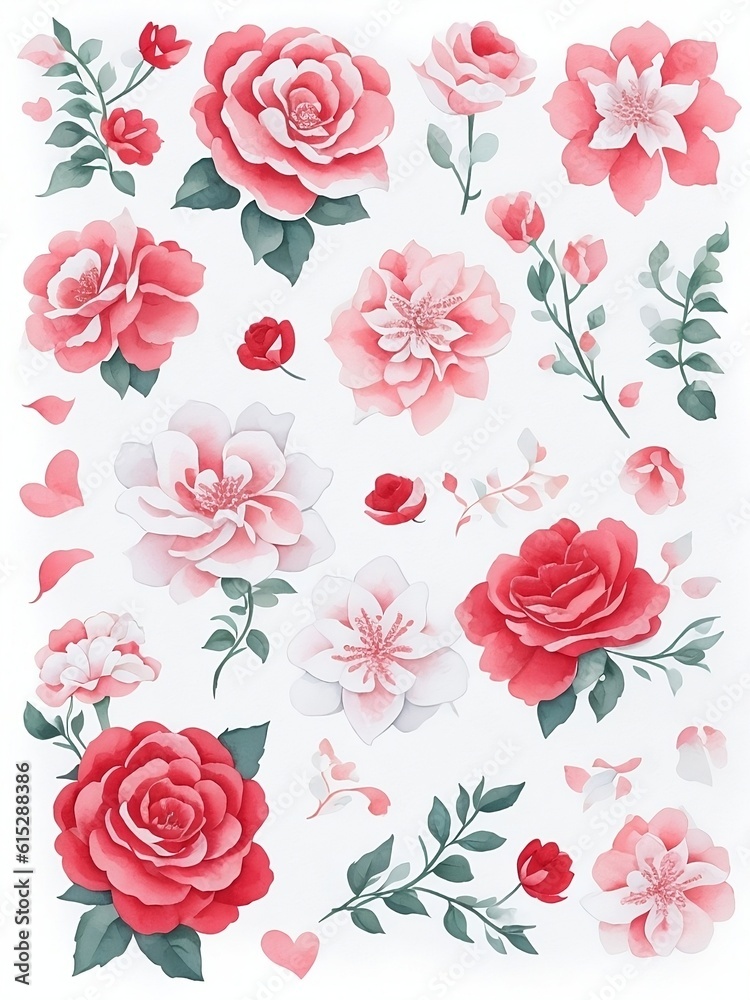 Beautiful red flowers pattern art with white background. Ai art