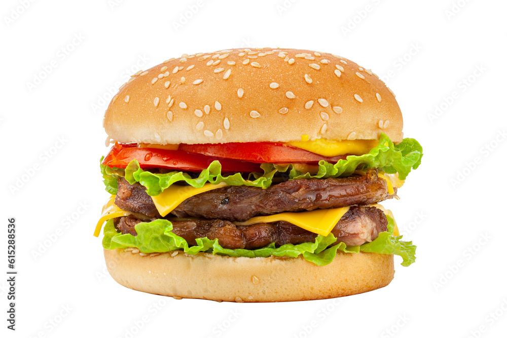 Classic beef cheese burger isolated on white background. Classic beef cheese burger isolated on white background.