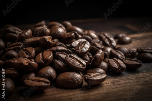 Coffee beans on wooden background. Close up. Generative AI