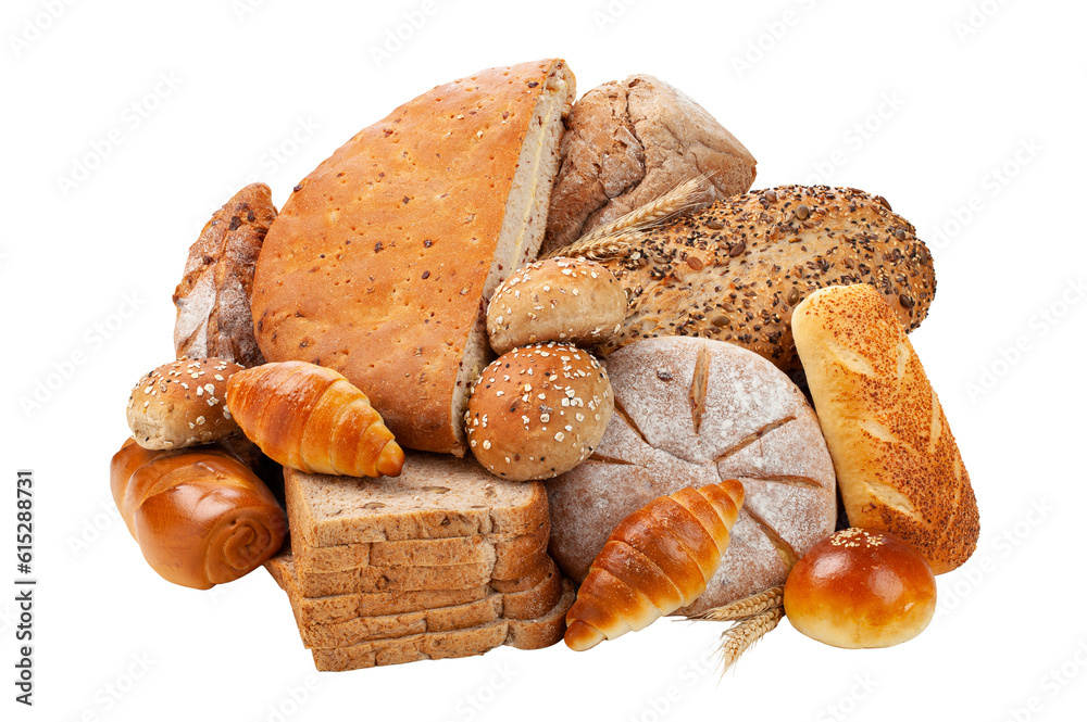 various kinds of breads isolated on white background.