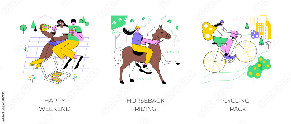 City park activities isolated cartoon vector illustrations set. Happy weekend, horseback riding, cycling track, eating pizza together, biking route, active pastime, leisure time vector cartoon.