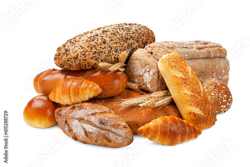 various kinds of breads isolated on white background.