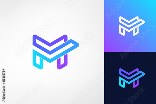 Letter M check mark or MV modern gradient monoline. Describes a business that has been accurately selected, examined or handled. Perfect logo for business consulting, accounting and finance, etc.