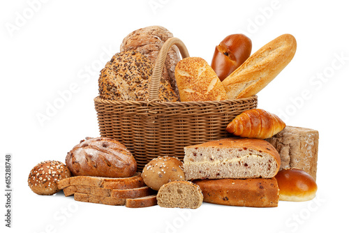 Obraz na plátně various kinds of breads in basket isolated on white background.
