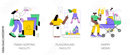 City park environment isolated cartoon vector illustrations set. Trash sorting and recycling facility, playground in the city park, happy moms walk with strollers and drink coffee vector cartoon.