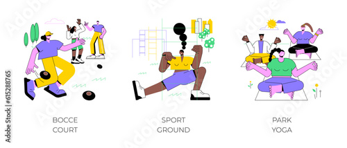 Sport in the city park isolated cartoon vector illustrations set. Bocce court, sport ground workout equipment, park yoga, urban healthy lifestyle, doing exercises outdoors vector cartoon.