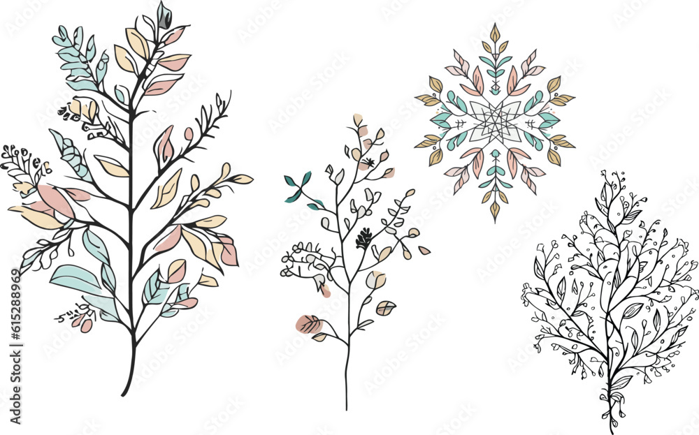 Colorful Floral vector graphic design sketch drawing, trendy tiny design, floral elements vector art illustration.