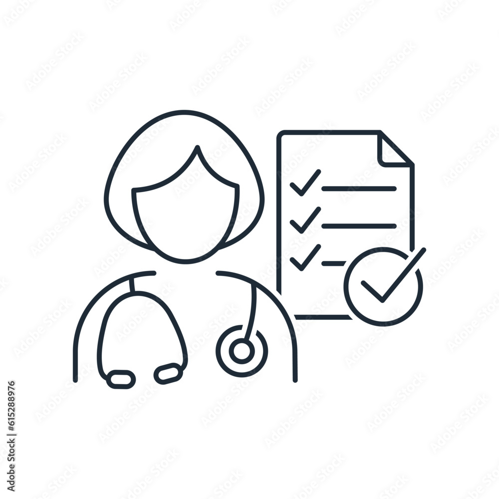 Woman doctor and approved medical recommend document, order.Vector linear icon isolated on white background. Woman doctor and approved medical recommend document, order.Vector linear icon isolated on white background.