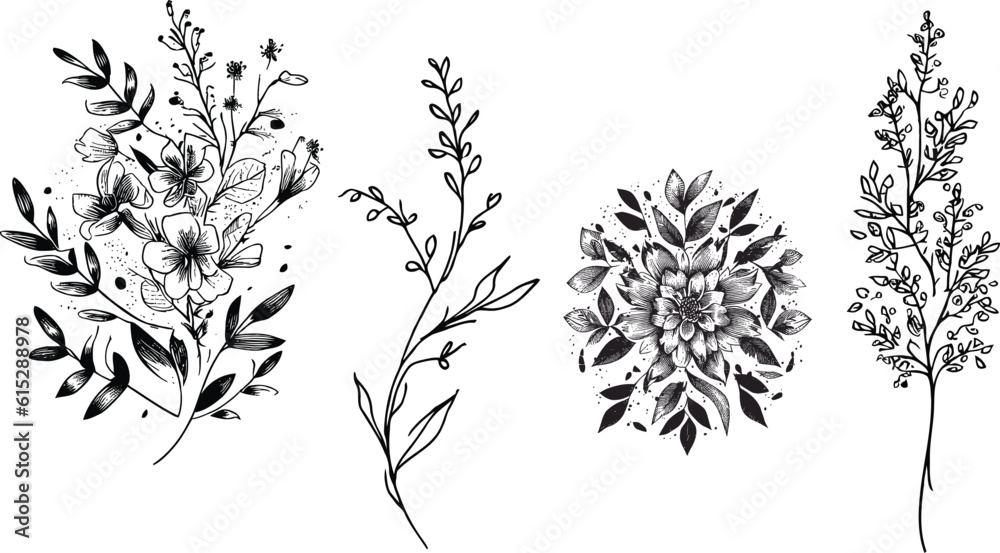 Colorful Floral vector graphic design sketch drawing, trendy tiny design, floral elements vector art illustration.