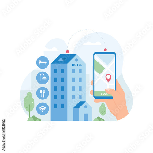 Online choosing hotel and booking room via internet flat vector illustration
