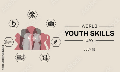 World Youth Skills Day design with a group  of youth silhouette surrounded by different type of skill. Vector illustration 