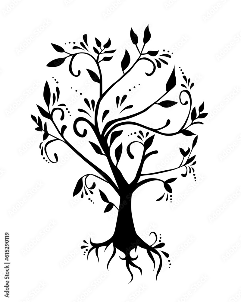 Black and white Fantasy type art of tree with leaves silhouette isolated on white background - vector illustration