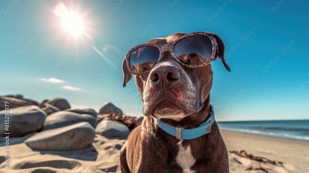 Cool dog hanging at the beach in sunglasses. Summer pup by the sea. Sunbathing pet in shades.
