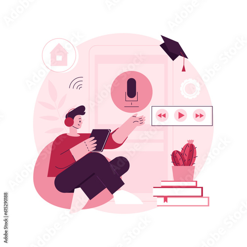 Listen to podcasts abstract concept vector illustration. Spare time in covid-2019 quarantine. Audio programmes, educational podcasts, radio show binge-listening, interview abstract metaphor.