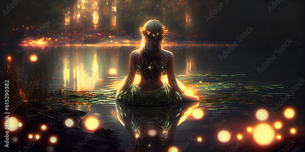 Fairy-tale beautiful mermaid in the water of the evening lake and magical rays of light, view from the back. Generative AI