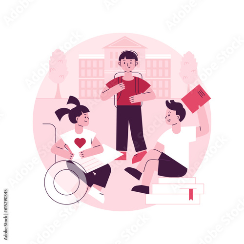 Socialization of pupils abstract concept vector illustration. Socialization in classroom, inclusivity program, school environment, pupils social interaction, peers play together abstract metaphor.