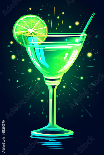 Cocktail Drink im kleinen Cocktailglas mit Limetten Lime und Strohhalm in Neonfarben und Neonlicht. Hochkant. Hochformat. Generative Ai.