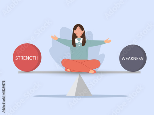 Business woman balancing between strength and weakness. Vector illustration.