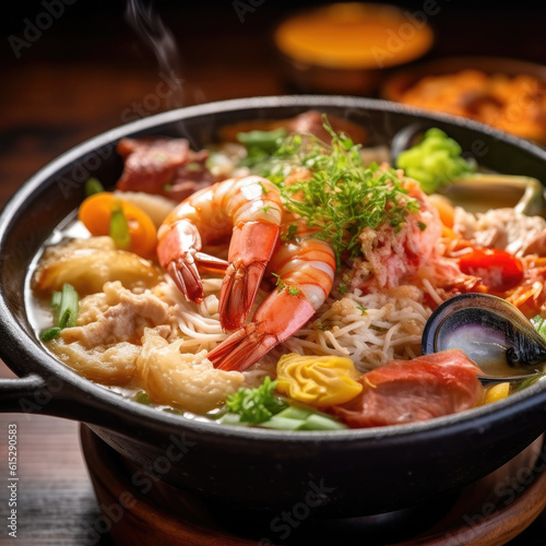 Macro photo of a bowl of authentic ramen with delicious combination of fresh seafood and meat created with Generative AI Technology