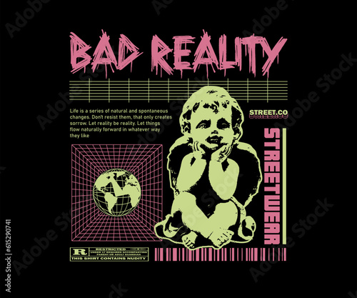 Fotografiet bad reality vibes slogan print design with baby angel statue illustration in gru