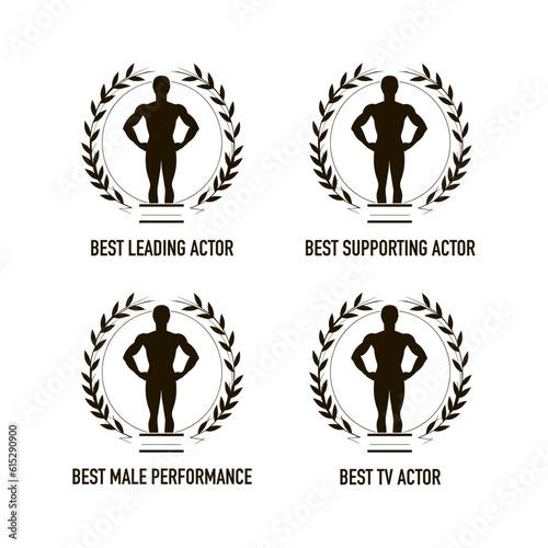 Movie award best film and tv actor nomination and winner, black and white vector logo icon set with laurel wreath