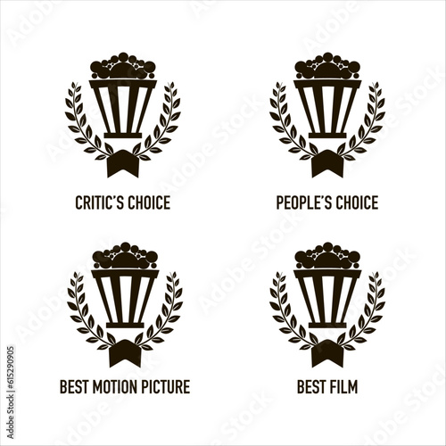 Best feature film motion picture nomination winner black and white vector emblem. People and critic choice movie award icon set with popcorn cup and laurel wreath