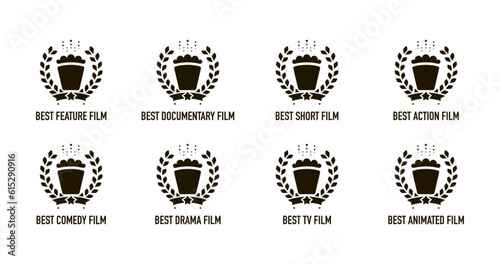 Best feature film motion picture nomination winner black and white vector emblem. Movie genre award icon set with popcorn and laurel wreath
